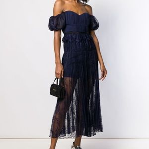 Self-Portrait Off Shoulder Floral Scallop Dress Navy